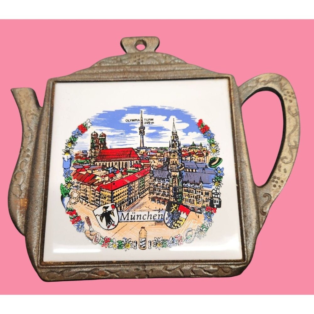 VTG Munich Decorative Teapot Shaped Trivet & Ceramic Tile & Cast Iron Frame 6"